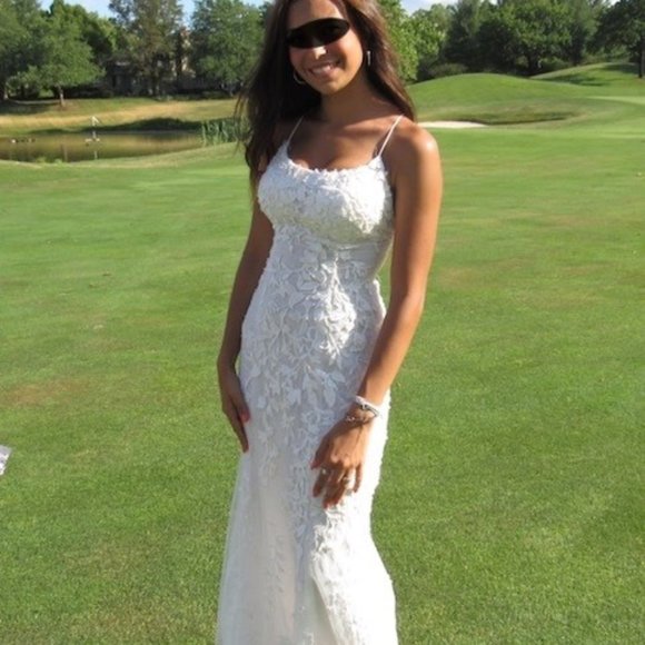 white lace long sleeve dresses Beaded Lace Long Sleeve Bridal Gown by Nox Anabel JE994L 16 / White/Nude